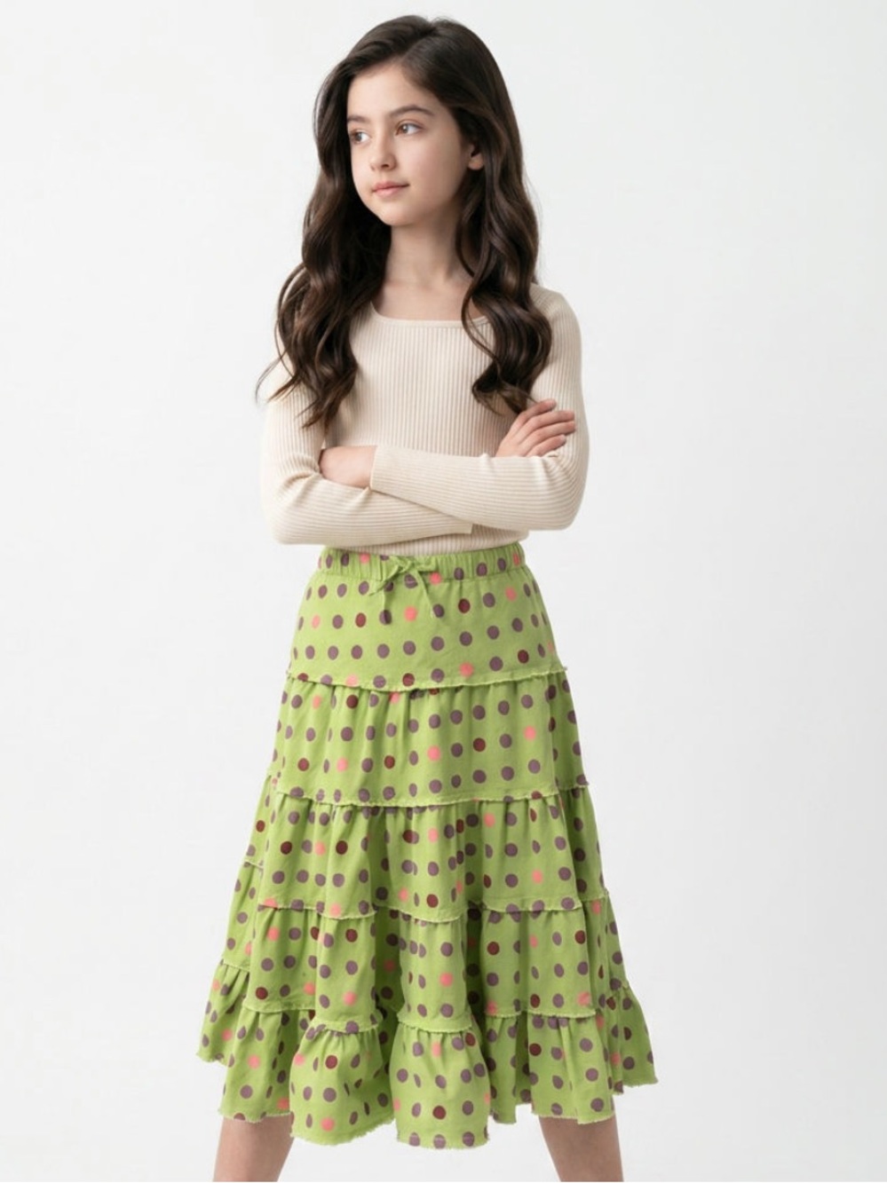 MINI BODEN Skirt Corduroy Polka Dot Tiered Drawstring